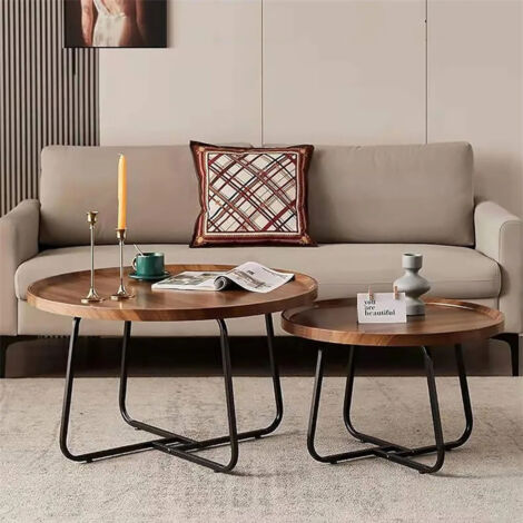 Lot de 2 tables basses rondes pour salon - Table d'appoint ronde en bois avec cadre en métal - Design empilable et peu encombrant (diamètre 70 cm + Ø 50 cm) - Table d'appoint pour salon et bureau (1/5)