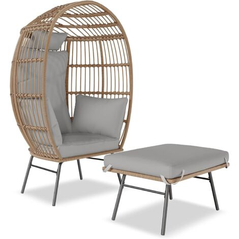 Fauteuil en rotin en Forme de Panier, Chaise en rotin avec Coussin d'assise, Fauteuil de Jardin surélevé pour Balcon, terrasse, métal, gris 95 x 71 x 145 cm (1/5)
