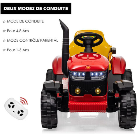 Tracteur électrique 12 V – 3 Vitesses – Avec Remorque Amovible, Télécommande 2,4G, LED, Musique – Dès 3 Ans