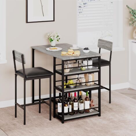 Ensemble Table de Bar,Table a Manger avec 2 Chaises Rembourrées,Table de Cuisine avec 3 Étagères,Table de Bar Métallique avec Ensemble de Tabourets de Bar,Table de Bistrot pour Cuisine(gris)