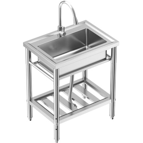 Évier de cuisine sur pied en acier inoxydable avec robinet, lavabo de cuisine avec étagère de rangement, bac à linge pour intérieur et extérieur,71x51x86CM