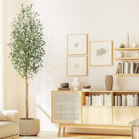 Olivier artificiel avec pot blanc - 210 cm - Grande plante verte - Décoration pour la maison, la chambre à coucher, le bureau, le jardin, le salon