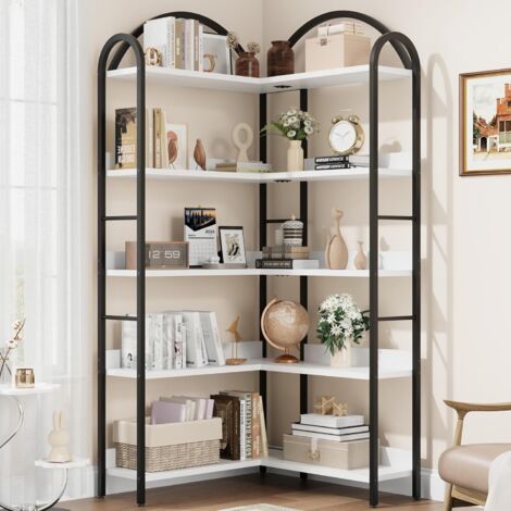 Lunsy – Bibliothèque d'angle industrielle 174cm – 5 niveaux – MDF et métal – Sangle anti-basculement – Pour coins vides et rangement efficace (1/5)