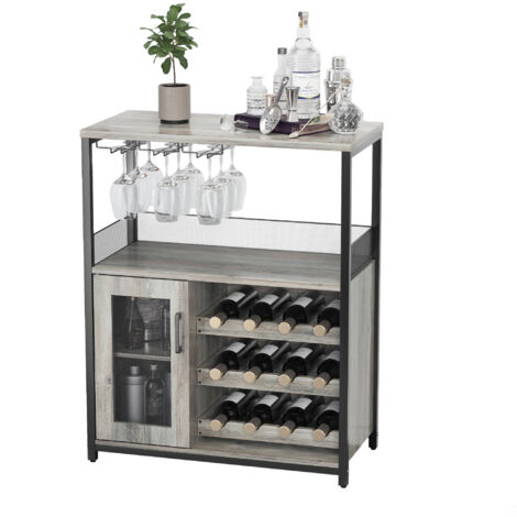 Meuble de Bar à Vin, Buffet Industriel avec Porte-Bouteilles et Porte-Verres à vin , Meuble de Rangement avec Porte en Métal Grillagé, Idéal pour Salon, Cuisine, Salle à Manger,gris (1/5)