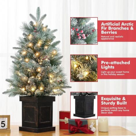 Sapin De Noël Artificiel 90 Cm Avec Lumières LED - Floqué Neige, Baies Rouges, Base Blanche, 8 Modes, Timer - 10