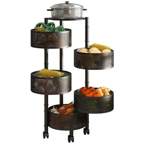 Panier De Fruits Et Legumes Rotatif,Support De Rangement Rond De Cuisine, Support De Stockage De Fruits Rotatif, Chariot De Rangement Pour Cuisine Avec 4 Roues, 5 éTagèRes à Fruits Debout-NOIR