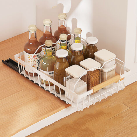 Panier de Rangement Coulissant, Tiroir Organisateur, Porte-épices, Panier Coulissant sous Evier, Etagère de Rangement pour Comptoir de Cuisine, Garde-Manger, Bureau,289.839.5cm,blanc,avec 4 pistes (1/5)