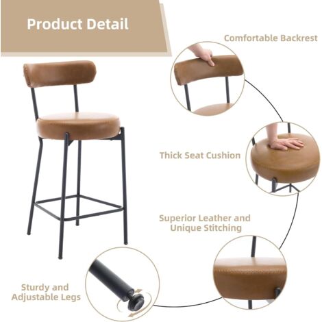 MEUBLES COSY Lot de 2 tabourets de bar de cuisine de style industriel et vintage, recouverts d'un revêtement brun effet seude, avec pieds et repose- pieds en métal H76CM