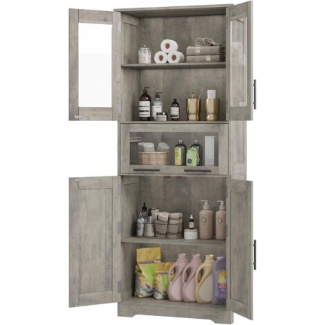 Armoire de salle de bain 60x30x170cm avec étagères réglables et tiroir,pour salle de bain, salon, cuisine, entrée,gris (1/5)