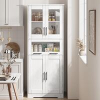 Meuble Colonne de Salle de Bain,Colonne de Salle de Bain-60x30x170cm-Armoire Cuisine avec Porte en verre Compartiment Ouvert -blanc