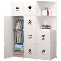 Armoire modulable, Placard de rangement portable, Organisateur vêtements enfant, avec 12 Cubes, 1 Rails Suspendus, 111 x 47 x 147 cm, Blanc