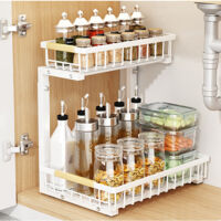 Rangement sous l'évier, Rangement pour armoire coulissante, Étagère d'évier coulissante à 2 niveaux, Étagères de rangement pour armoire en acier carbone, Rangement sous l'évier pour armoire de cuisine
