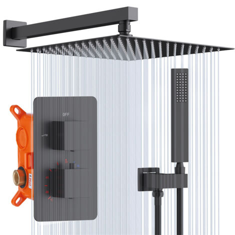 Columna de Ducha Termostática Empotrada Negra con Rociador de Lluvia Grande, Kit de Ducha de Pared, Cuerpo de Latón Resistente