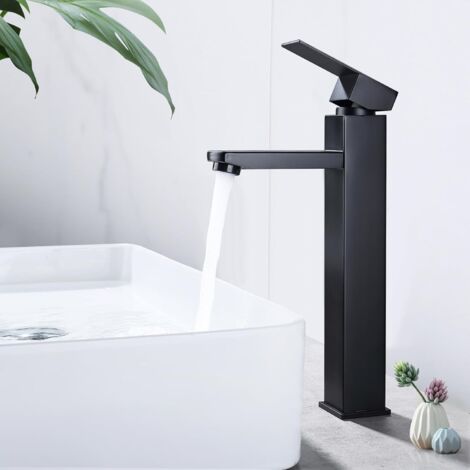 Grifo de baño negro, grifo de lavabo con caño alto, grifo con manilla cuadrada, grifería para lavabo de manos desmontable, mezclador de agua caliente y fría