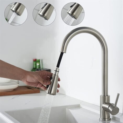 Grifo de Cocina con Ducha Extraíble, Grifo de Cocina en Acero Inoxidable Cepillado, Grifo de Fregadero Rotativo 360° con 3 Modos para Cocina