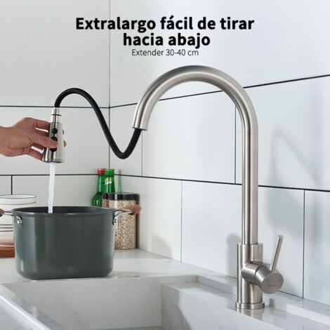 Grifo de Cocina con Ducha Extraíble, Grifo de Cocina en Acero Inoxidable Cepillado, Grifo de Fregadero Rotativo 360° con 3 Modos para Cocina