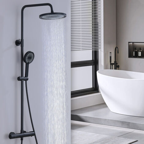 Columna de Ducha Termostática OHPA - Conjunto Termostático, Sistema Antiburnos, Columna de Ducha Ajustable en Altura, Negra, Ducha de Cabeza Redonda