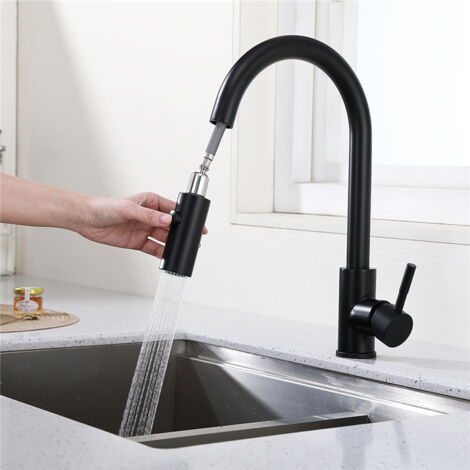 Grifo de Cocina Negro con Ducha Extraíble, Mezclador de Fregadero Giratorio en Acero con 2 Tipos de Chorro