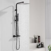 Columna de Ducha Termostática, Sistema de Ducha con Altura Ajustable, Columna de Ducha con Gran Chorro de Techo Cuadrado de 12 Pulgadas, Conjunto de Ducha Negro, Cuerpo de Latón