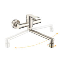 Grifo de Cocina de Pared – Mezclador de Fregadero con 2 Tipos de Chorro, Caño Giratorio 360° en Acero Cepillado