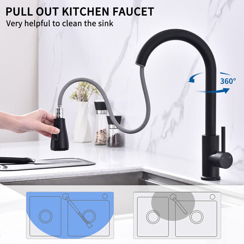 Rubinetto Cucina Nero Con Doccetta Estraibile, Miscelatore Girevole 360° E Due Getti, In Ottone Senza Piombo, Monocomando Per Lavello E Camper