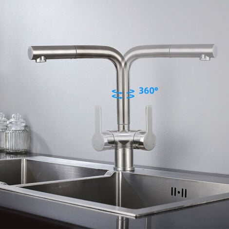 Rubinetto per Cucina  Miscelatore Cucina con Doccetta Estraibile-Rubinetto Cucina per Lavabo con Miscelatore Acqua Calda e Fredda Acciaio Inossidabile Girevole A 360°