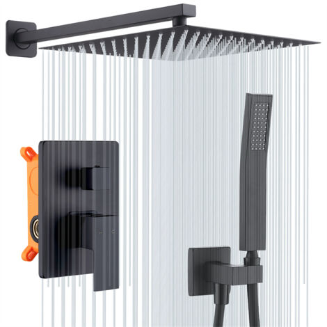 Colonna Doccia da Incasso Nera con Soffione Quadrato da 12" e Corpo in Ottone, Sistema Meccanico per Bagno, Set Doccia Incassato