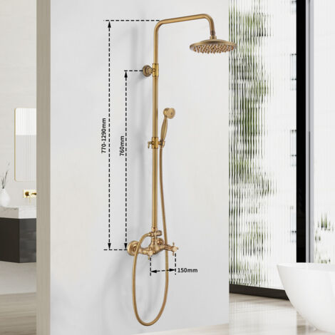 Set Doccia Retro In Ottone Con Finitura Vintage, Colonna Con Soffione A Pioggia E Doccetta Manovella Regolabile, Per Bagno Moderno