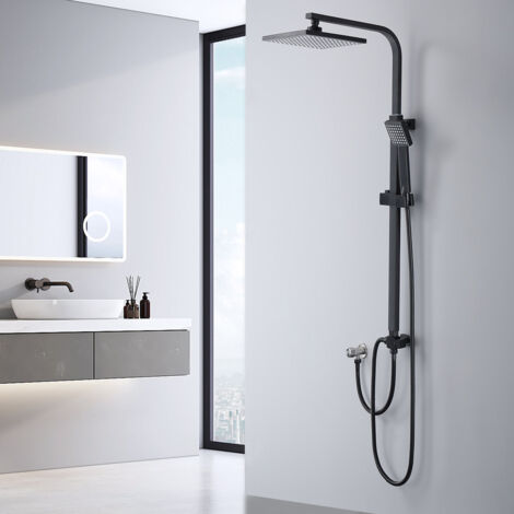 Colonna Doccia Nera Senza Miscelatore – Sistema Doccia in Acciaio Inox con Doccetta a Mano, Soffione Quadrato Regolabile in Altezza, Design Moderno