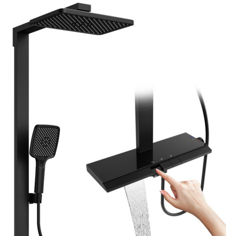 Colonna Doccia Termostatica OHPA Nero – Sistema Doccia Completo con Pannello 40x14 cm, Anti-Scottatura, Doccetta a Mano 3 Getti, Soffione a Pioggia, Beccuccio Vasca, Design Moderno