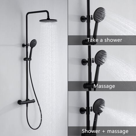 Duschsystem mit thermostat Schwarz Dusche Armatur Duschset mit XXL Kopfbrause, 3 Strahlarten Handbrause, Regendusche Höhenverstellbar Duschsäule Schwarz mit Anti-Verbrühungs-Duschsystem
