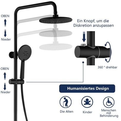 Duschsystem mit thermostat Schwarz Dusche Armatur Duschset mit XXL Kopfbrause, 3 Strahlarten Handbrause, Regendusche Höhenverstellbar Duschsäule Schwarz mit Anti-Verbrühungs-Duschsystem