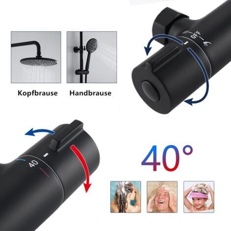 Duschsystem mit thermostat Schwarz Dusche Armatur Duschset mit XXL Kopfbrause, 3 Strahlarten Handbrause, Regendusche Höhenverstellbar Duschsäule Schwarz mit Anti-Verbrühungs-Duschsystem