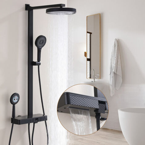 Duschsystem mit Thermostat, 400 mm Glasablage mit Kind Handbrause, Regendusche mit Armatur, 4-in-1 Duscharmatur Set, Elternhandbrause und Auslauf – Dusche Komplettset