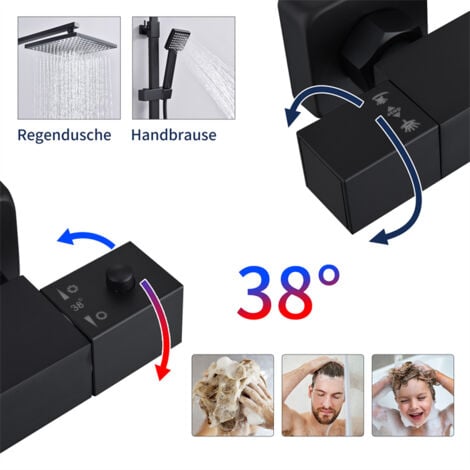 Duschsystem mit Thermostat 38℃ Duscharmatur Schwarz Regendusche Duschset Dusche inkl. Regal verstellbarer Edelstahl Duschstange Duschset