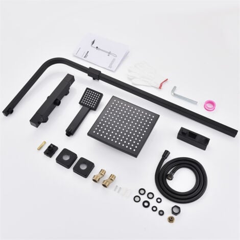 Duschsystem mit Thermostat 38℃ Duscharmatur Schwarz Regendusche Duschset Dusche inkl. Regal verstellbarer Edelstahl Duschstange Duschset