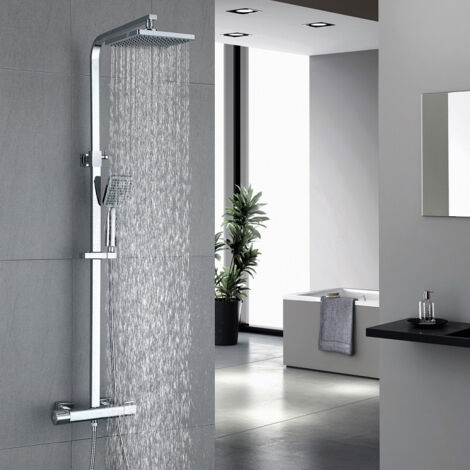Dusche Duschsystem mit Thermostat Regendusche 2 Funktionen Duschset Edelstahl Duschsäule mit Kopfbrause, Handbrause und Verstellbarer Duschstange Duscharmatur Anti-Verbrühungs-Duschsystem