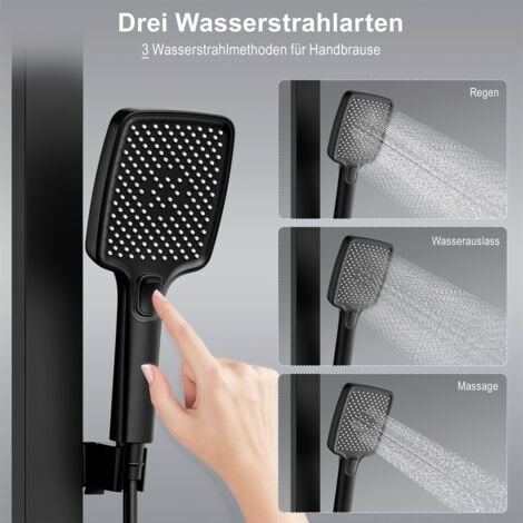 Duschsystem mit Thermostat und Glasablage, Duscharmatur Komplettset, Handbrause mit 3 Strahlarten, Regendusche mit Armatur, Duschset Duschsäuleset