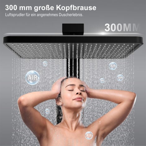 Duschsystem mit Thermostat und Glasablage, Duscharmatur Komplettset, Handbrause mit 3 Strahlarten, Regendusche mit Armatur, Duschset Duschsäuleset