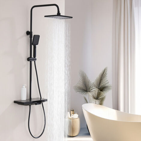 Duschsystem mit Thermostat und Glasablage 40 x 18 CM, Duscharmatur mit Thermostat und 28x18 CM Kopfbrause, Kann in das Originalloch eingebaut werden