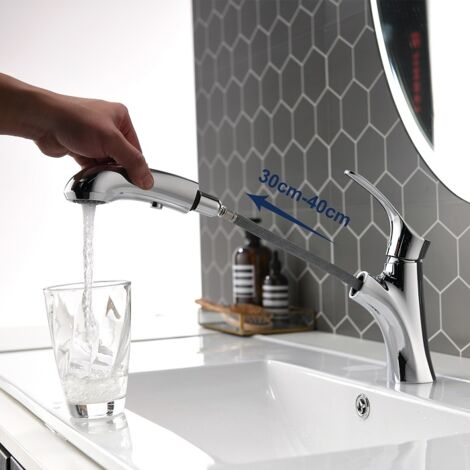 Wasserhahn Bad mit Ausziehbar Brause Waschtischarmatur 2 Strahlarten mit Pause Taste Badarmatur aus Messing Mischbatterie für Bad/Küche