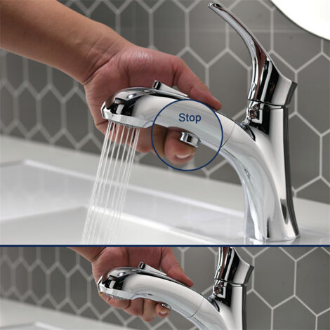 Wasserhahn Bad mit Ausziehbar Brause Waschtischarmatur 2 Strahlarten mit Pause Taste Badarmatur aus Messing Mischbatterie für Bad/Küche