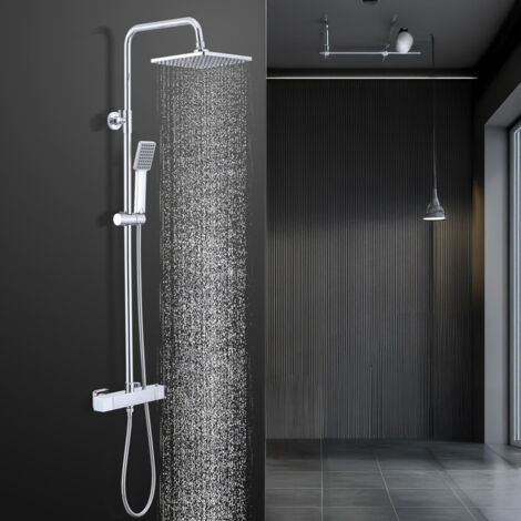 Duschsystem mit Thermostat Chrom - Duscharmatur Edelstahl Regendusche mit Armatur inkl.Sicherheitssperre bei 38°C, ABS Handbrause,Kopfbrause,Verstellbarer Duschstange,Duscharmatur komplettset