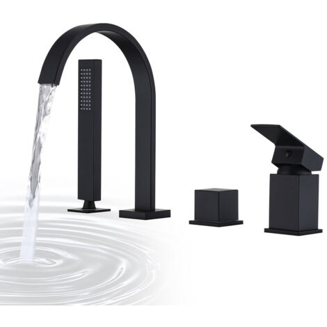 Schwarzer 4-Loch-Wannenarmatur aus massivem Messing – 360° schwenkbarer Wasserfall-Auslauf mit Handbrause, modern & langlebig Badarmatur Schwarz Matt