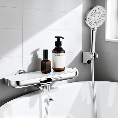 Badewannenarmatur mit Handbrause, 360° drehbarer Auslauf, Badewannenarmaturen mit Duschbrause, Glasablage, 1,5 m PVC Schlauch, Mischbatterie zur Wandmontage