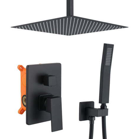 Unterputz-Duschsystem Schwarz, Deckenmontage Duschset mit 16 Zoll Regenduschkopf und Handbrause, Duscharmatur aus Messing, Komplettes Einbau-Duschsystem