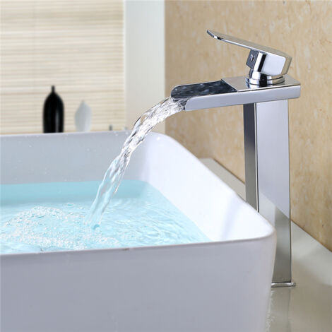 Wasserhahn Waschtischarmatur für Bad Mischbatterie mit Wasserfall Auslauf hohe Armaturen Waschbecken Waschtisch-Einhebelmischer Chrom Badarmatur Waschbeckenarmatur für Badezimmer