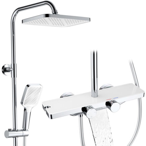 Thermostat-Duschsäule 38 °C – 3‑Funktions-Duschset mit Wasserfall-Auslauf, Doppelsteuerung & integrierter Ablage, Modernes & Langlebiges Duschsystem