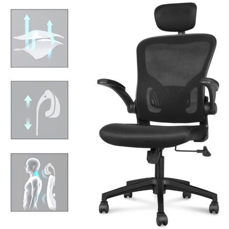 Chaise De Bureau Ergonomique Monhey - Dossier Haut En Maille Noire, Support Lombaire, Accoudoirs Relevables