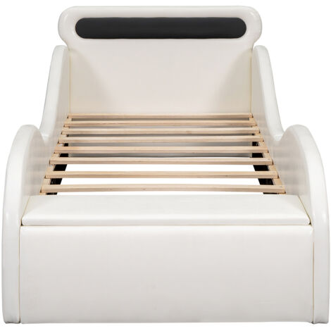 Cama acolchada 90x200 cm, cama infantil, con forma de coche y ruedas iluminadas, material PU, blanco